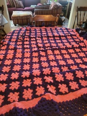 Handmade Crochet Blanket in Pink & Navy Blue